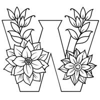 Alphabet W coloring page with the flower, W letter digital outline floral coloring page, ABC coloring page vector