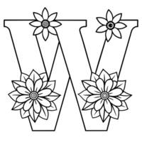 Alphabet W coloring page with the flower, W letter digital outline floral coloring page, ABC coloring page vector