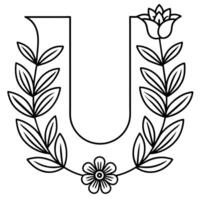 Alphabet U coloring page with the flower, U letter digital outline floral coloring page, ABC coloring page vector