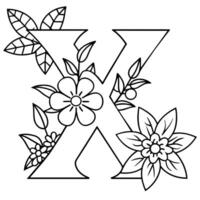 Alphabet X coloring page with the flower, X letter digital outline floral coloring page, ABC coloring page vector