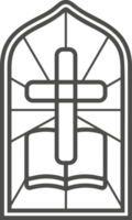 Church stained window with religious Easter symbol. Christian mosaic glass arch with cross and bible png