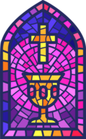 Church glass window. Stained mosaic catholic frame with religious symbol cup. Color illustration png