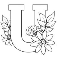 Alphabet U coloring page with the flower, U letter digital outline floral coloring page, ABC coloring page vector