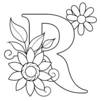 Alphabet R coloring page with the flower, R letter digital outline floral coloring page, ABC coloring page vector