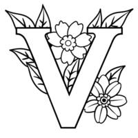 Alphabet V coloring page with the flower, V letter digital outline floral coloring page, ABC coloring page vector