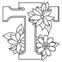 Alphabet T coloring page with the flower, T letter digital outline floral coloring page, ABC coloring page vector
