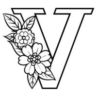 Alphabet V coloring page with the flower, V letter digital outline floral coloring page, ABC coloring page vector