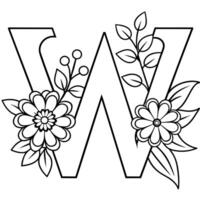 Alphabet W coloring page with the flower, W letter digital outline floral coloring page, ABC coloring page vector