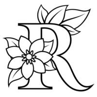 Alphabet R coloring page with the flower, R letter digital outline floral coloring page, ABC coloring page vector