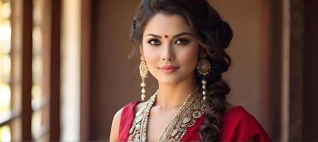Beautiful woman in traditional clothing with elegance and glowing photo