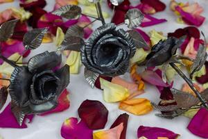 Rough iron roses against background of delicate living petals photo