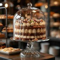 Cake under glass bell dome in a restaurant kitchen photo