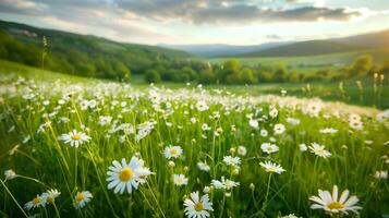 A field of white flowers with a bright blue sky in the background. Beautiful summer natural landscape photo