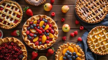 top view assortment of pies, pastry with different fruits and berries on wooden table in a bakery photo