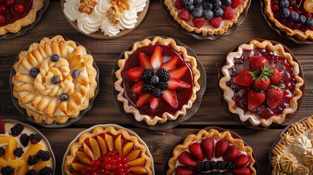 un variedad de Fruta pasteles son desplegado en un de madera mesa. el pasteles son arreglado en un fila, con algunos teniendo arándanos y fresas como coberturas foto