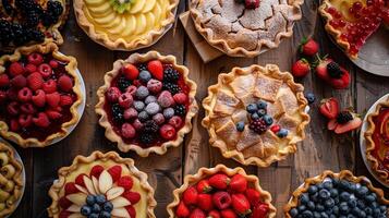 Top view assortment of pies, homemade pastry, tarts with different fruits and fresh berries on wooden table in a bakery photo