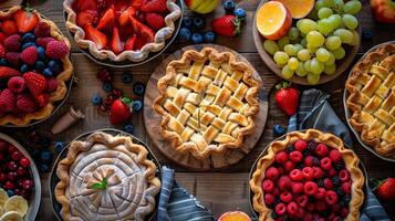 Top view assortment of pies, pastry with different fruits and berries on wooden table in a bakery photo