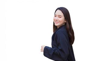 This image portrays confident professional Asian woman wearing blue blazer. She appears mature and business oriented while isolated white background. photo