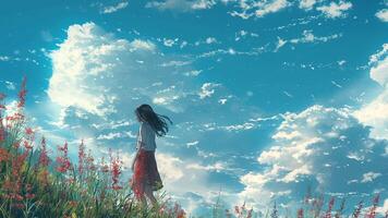 AI generated A girl stands in a field of grass and looks up at the sky video