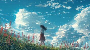 AI generated A girl stands in a field of grass and looks up at the sky. video