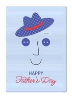 Father's Day greeting card in children's applique style with face and hat. vector