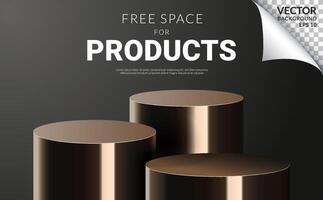 Three gold podium product stage background, empty luxury backdrop, modern minimal free space for products on grey background vector