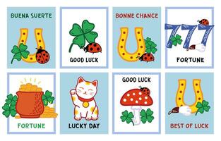 Best of Luck Postcard Templates with symbols of success and prosperity. Talismans for luck doodle illustration vector