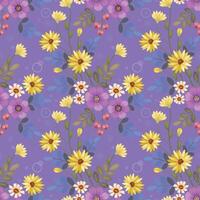 Cute colorful flowers on purple color background seamless pattern. vector