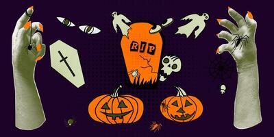 Collage elements hand palm, pumpkin, eyes, ghosts, graves, coffins. Halloween halftone zombie hands. Decoration banner for 31 Oktober events. Trendy poster in paper cut style. illustration. vector