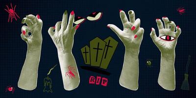 Collage elements hand palm, pumpkin, eyes, ghosts, graves, coffins. Halloween halftone zombie hands. Decoration banner for 31 Oktober events. Trendy poster in paper cut style. illustration. vector