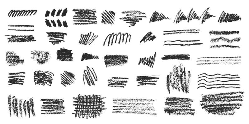 Charcoal pencil hand drawing curly lines, splash, squiggles and shapes. Black elements on white background. Grunge chalk crayon scribbles doodles textures. Rough crayon strokes. illustration