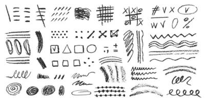 Charcoal pencil hand drawing curly lines, splash, squiggles and shapes. Black elements on white background. Grunge chalk crayon scribbles doodles textures. Rough crayon strokes. illustration vector