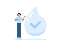 limpiar agua concepto. el agua es seguro a beber. un hombre con un agua símbolo y un cheque marca. plano estilo ilustración concepto diseño. gráfico elementos vector