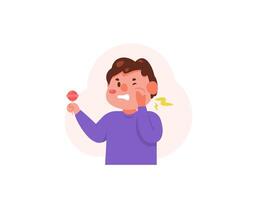 un chico sintió dolor en su dientes desde comiendo caramelo. comiendo también mucho dulce comida a el punto de dolor de muelas. dental salud problemas. expresión de dolor. linda chico personaje. ilustración diseño. gráfico vector