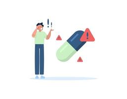 advertencia acerca de ilegal drogas ser Cuidado con peligroso drogas o estupefacientes un hombre con un advertencia símbolo y medicina cápsula. plano estilo ilustración concepto diseño. gráfico elementos vector