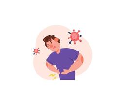 illustration of a man who has a stomach ache. problems with the digestive system. stomach ache due to bacteria or viruses. pain due to the effects of food poisoning. diseases and health problems. flat vector