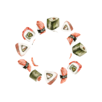 acquerello giapponese tradizionale frutti di mare telaio. mano disegnato il giro bandiera con Sushi con fresco salmone, rotoli e sashimi. modello per menù, ristorante, bar, Prodotto Imballaggio design png