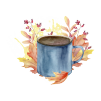 Autumn composition with tea blue cup and colorful fall leaves. Autumn mood, Cozy home, Thanksgiving, Harvest festival. Hand-painted watercolor illustration for posters, notices, advertising design png