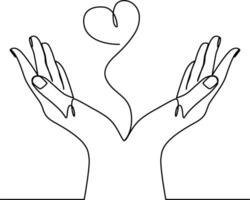 Continuous line drawing of hands holding heart love illustration vector