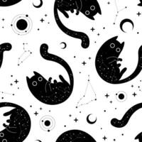 Mystical pattern with black cats, moon and stars vector