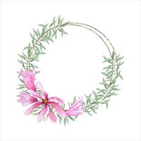 Abstract pink flowers and plant branch. Round romantic frame with copy space for text. Green leaves and magnolia flowers. Watercolor illustration. For postcards, invitation, greetings. vector