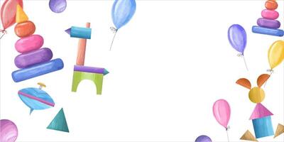 Watercolor illustration with kid wooden toys and balloons. Multicolored pyramid, spinning top, cubes, horse and hare made of cubes. Horizontal frame. Copy space for text vector