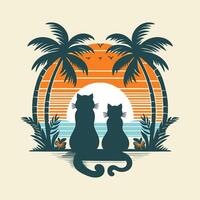 cat of retro sunsets in 80s and 90s style. Abstract sun at beach background vector