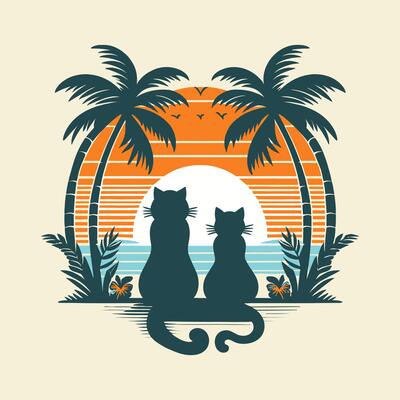 cat of retro sunsets in 80s and 90s style. Abstract sun at beach background