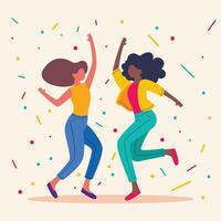 Friends dancing in flat design style, female characters dancing at party vector