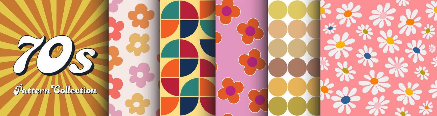 1970s Inspired Collection Seamless Retro Patterns for Fashion and Textiles, Featuring Vintage Boogie-Era Graphics and Contemporary Blossom Designs
