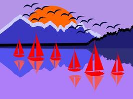 navegación barcos en el lago ilustración en plano estilo vector