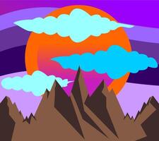 Mountain landscape with sun and clouds illustration in flat style vector