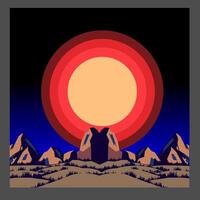 Mountain landscape with red sun in the night vector