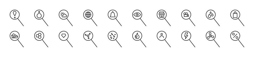 Set of line icons of magnifying glass. Editable stroke. Simple outline sign for web sites, newspapers, articles book vector